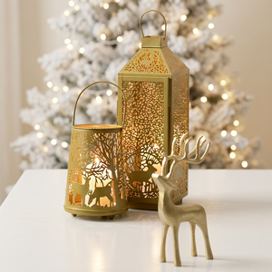 Latest Golden Metal Lantern With Deer And <b>Tree</b> Cutout Design for <b>Christmas</b> Home Decoration - Product Image 1