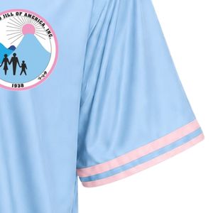 เสื้อเบสบอลผู้หญิงสีฟ้าอ่อนแบบสั่งทำพิเศษ พร้อมป้ายปัก แขนสั้น ติดกระดุมด้านหน้า คอวี แต่งขอบสีขาว ชุดลำลองสไตล์สปอร์ต - Product Image 3