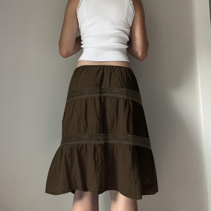 Vintage Boho Brown Breathable Embroidered Feathers Midi Skirt for Women <b>Elastic</b> Waist A-Line Casual Style - Product Image 2