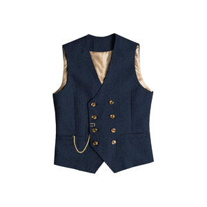 Gilet en laine bleu marine croisé pour homme, col en V, formel, avec boutons dorés et chaîne décorative, idéal pour costumes et tenues d'automne - Product Image 1