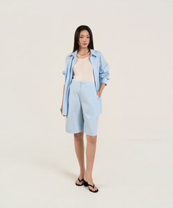 Conjunto de 2 Piezas para Mujer, Estilo Casual, con Botones, de Popelina de Verano en Tonos Pastel, 100% Algodón, Transpirable, con Pantalones Cortos Bermuda por Encima de la Rodilla y Camisa de Manga Larga - Product Image 1