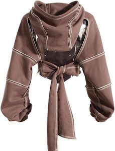 Sudadera Corta con Capucha para Mujer Tallas Grandes, Color Sólido, Manga Larga, Hombros Caídos, Tejido de Punto, Mezcla de Algodón, Informal, para Otoño - Product Image 6