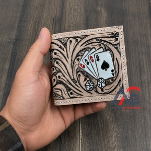 Fashion Men's Hand Tooled <b>Genuine</b> Leather Card Holder Wallet Vintage Embossed Poker Cards Design Short Fold Closure Daily Use - Product Image 1