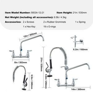 Rubinetto da cucina a parete in ottone da 21 pollici con larghezza di installazione di 8 pollici, beccuccio girevole da 12 pollici e doccetta estraibile per uso in cucina - Product Image 4