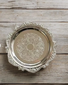 Custom Logo Metal Embossed Aluminium Silver Plate <b>Dinner</b> Wedding Round Decorative Cake Charger Plates and Cup - Product Image 1