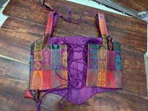 Purple Woven Breathable Brocade Patchwork Short Saree Blouse with Corset <b>Back</b> <b>Tie</b>-Up for Spring/Summer & Winter Weddings - Product Image 2