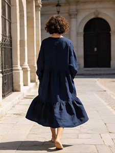 Robe longue élégante bleu marine à col rond pour femme, coupe ample, avec ourlet à volants, robe midi décontractée - Product Image 2