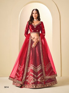 Lehenga Choli de Terciopelo Bordado Verde, Traje Tradicional de Boda para Mujer, Largo hasta el Suelo - Product Image 4