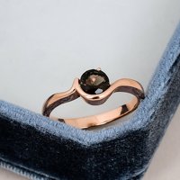 Bague en argent sterling 925 massif avec quartz fumé serti à griffes, pierre ronde solitaire, plaqué or rose, bande incurvée