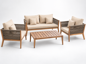 4 Piece Outdoor <b>Patio</b> Furniture <b>Set</b> <b>Wood</b> Frame Sofa Chairs Coffee Table Beige Cushions Midcentury Modern - Product Image 2