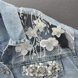Women's Denim Jacket with Leopard Print Embroidery Lace Flowers Floral Applique Beaded Design-Quick Dry & Eco-Friendly - Product Image 3