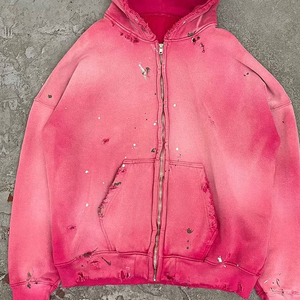 Factory Price Unisex <b>Oversized</b> Zip Up Hoodie Gradient Pink Washed <b>Vintage</b> Distressed Hooded <b>Sweatshirt</b> with Pockets Embroidered - Product Image 4