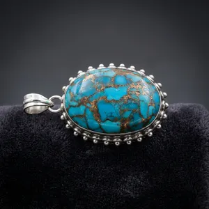 925 Sterling Silver Blue Copper Turquoise Pendant Handmade Natural Gemstone Vintage Bohemian Jewelry For Women Wholesale - Product Image 3