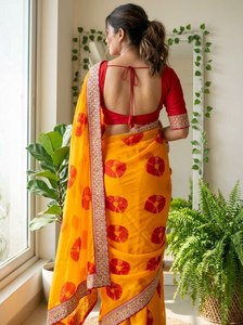 Yellow <b>Red</b> Embroidered Chiffon <b>Saree</b> with Traditional Design for Women Regular Fit for Weddings/Parties - Product Image 3