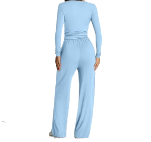 Women Solid Color Full Length <b>Jumpsuit</b> Crew Neck Long Sleeve Drawstring Waist Casual Style Lightweight Spandex Cotton Wholesale - Product Image 2