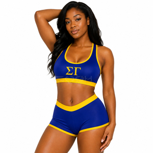 Ensemble de soutien-gorge de sport et short Cosh International Sorority Sisterhood bleu et jaune avec broderie de lettres grecques, ensemble 2 pièces - Product Image 4