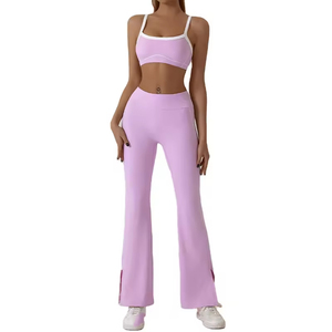 Conjunto de Yoga sin Costuras de 2 Piezas, Top Corto de Cintura Alta y Pantalones Acampanados, Color Sólido con Ribete en Contraste, Ropa Deportiva para Mujer - Product Image 3