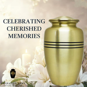 Urne funéraire en métal brossé doré pour adultes |   Bandes noires au design classique |   Mémoireurale écologique durable de 220 pouces cubes - Product Image 6