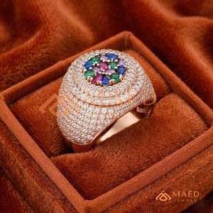 Rose Gold Plated Hip Hop Dome Ring Multi-Color Stone Cluster Iced Out Pink Gold Men's Jewellery Baguette Diamond Statement Band - Product Image 2