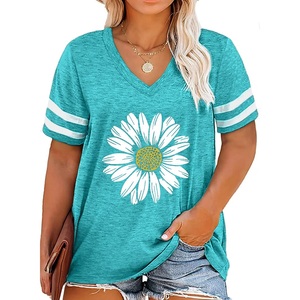T-shirt imprimé à col en V pour femme, doux, confortable, décontracté, manches régulières, 100% coton, écologique, respirant, fabriqué au Bangladesh - Product Image 1