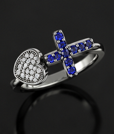 925 Sterling Silver Rhodium Plated Open Cross Heart <b>Ring</b> with Blue & White Cubic Zirconia | <b>Adjustable</b> Christian Jewelry - Product Image 2