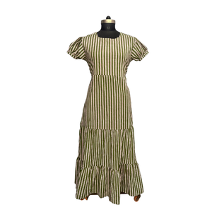 Vestido Premium Hecho a Mano de Algodón a Rayas con Volantes, Cuello Redondo, Mangas Abullonadas, Panel Maxi, Ropa Casual para Mujer, Obra Maestra de Lujo - Product Image 1