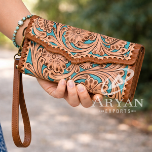 Western Designer Hand <b>Tooled</b> Genuine <b>Leather</b> Wallet Wristlet Clutch for Women Multi Card Holder Organizer Stylish Everyday Purse - Product Image 1