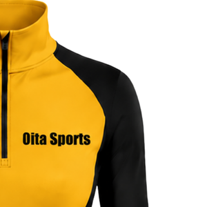 Haut de sport pour femme à col zippé, jaune doré, manches longues, ajusté, pour entraînement sportif, col montant, avec passe-pouce, performance Activewear - Product Image 4