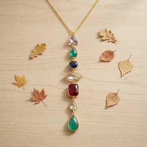 Gold Plated Brass Pendant Necklace with Multi Color Quartz Stones <b>Link</b> Chain Bohemia Style for Women Anniversary Jewelry - Product Image 3