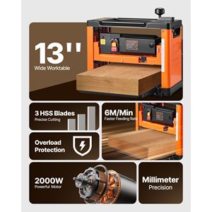 Potente Pialla da Banco per Legno con Motore da 2000W e 23500 RPM, Doppia Rulliera, Piano di Lavoro da 13 Pollici, Tre Lame per Spessori Vari - Product Image 2