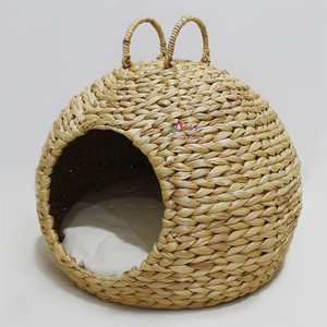 Nid pour animaux de compagnie en jacinthe d'eau fait main, petit, portable, rond, respirant, en fibre, pour intérieur, toutes saisons, amovible et lavable - Product Image 1