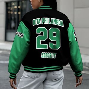 Veste universitaire personnalisée pour femmes Iota Phi Lambda, noire et vert émeraude, avec lettres, écusson, numéro et année, style bomber pour sororité - Product Image 2