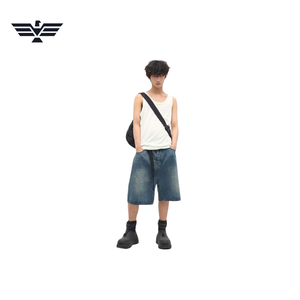 Pantalones cortos de mezclilla de cintura alta para hombre, de pierna ancha, casuales, de verano, de algodón, lavados a la piedra, oscuros, rasgados, transpirables, con cinturón, de punto de 300 g - Product Image 1