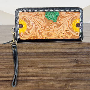 Colorful Cactus Flower Tooled Genuine Leather Handmade Women’s Clutch Wallet Vintage <b>Zip</b> New Wristlet Cash & <b>Card</b> <b>Holder</b> Wallet - Product Image 5