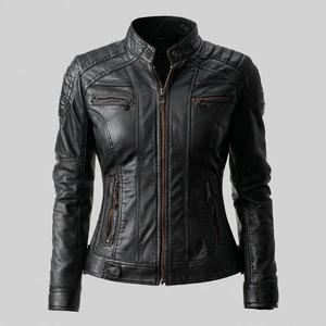 Veste en cuir véritable pour femme, style motard, col montant, pour l'hiver - Product Image 6