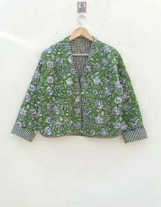 Handmade Cotton Quilted <b>Jacket</b>: V-Neck Floral Indian Coat Reversible Lightweight Coat - Product Image 1