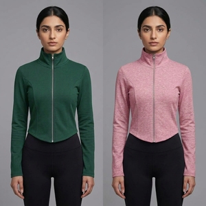Women's Cropped Zip-Up Mock Neck Long Sleeve <b>Slim</b> Fit Fleece Trench <b>Coat</b> Winter Sports Athletic Yoga Wholesale - Product Image 4