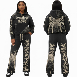 Gothic Spider Print <b>Tracksuit</b> Set Black Vintage Washed Hoodie Wide Leg Pants Streetwear Outfit - Product Image 2
