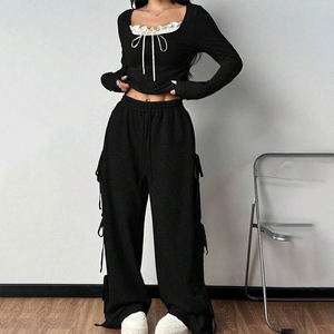 Traje de Dos Piezas Casual de Moda para Mujer, Personalizado y de Alta Calidad, con Lazo Lateral, Tirantes Finos, Pantalones con Cordón Ajustable y Blusa de Manga Larga - Product Image 2