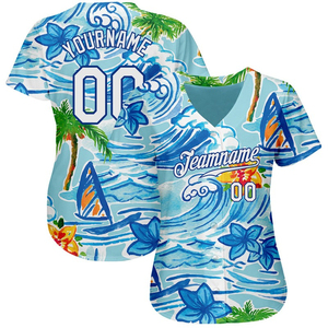 Maillot de baseball authentique personnalisé blanc avec motif 3D, palmiers et fleurs hawaïennes, style royal - Product Image 1