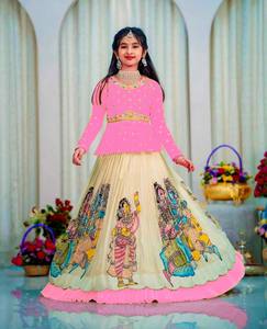 Lehenga Choli Tradicional para Niñas con Estampado Hecho a Mano, de Rayón, Largo hasta el Suelo, Corte Holgado, para Bodas y Fiestas, Estilo India-Pakistán - Product Image 1