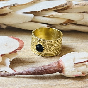 Premium <b>Silver</b> Eye Geometric Design Black Onyx <b>Ring</b> Gold Plated Vintage Style Wide Band Statement Tribal Look Certified <b>Ring</b> - Product Image 5