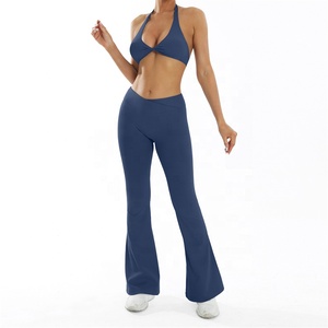 Women's Grey 2-Piece Yoga Set Halter Twist Sports Bra High Waist <b>Flare</b> <b>Leggings</b> Spandex Front Breathable Seamless Fitness - Product Image 3