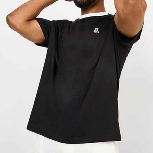 T-shirt à manches courtes pour homme, noir uni, col rond, avec bordure contrastée blanche, style décontracté, tissu jersey - Product Image 6