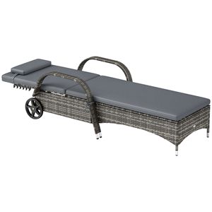 Sdraio da Piscina in Alluminio e Rattan Grigio a 5 Livelli Regolabili con Ruote, Poggiatesta e Cuscino - Product Image 1
