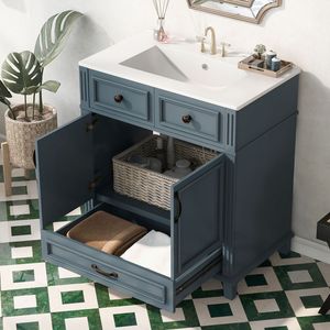 Meuble-lavabo de salle de bain de style rétro de 30 pouces avec portes à fermeture douce, cadre en bois massif et lavabo en céramique, armoire de rangement bleue - Product Image 4