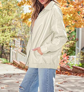 Genuine Cow Skin Leather Women's Oversized Eco-Friendly Beige High Quality Wholesale Fashion Motorcycle Bomber Jackets OEM - Product Image 3