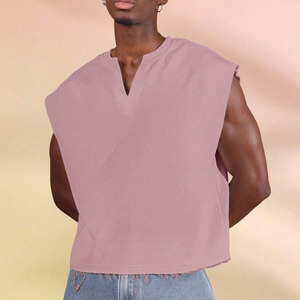 Débardeur Homme Oversize Col V Personnalisable avec Logo, Couleur Unie, en Coton Tricoté, Style Décontracté, Ourlet Brut - Product Image 1
