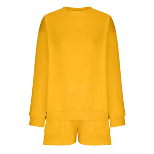 <b>Women's</b>2-Piece Knitted <b>Shorts</b> Set Yellow O-Neck Long Sleeve Loose Fit Casual Solid Color Above <b>Knee</b> Drawstring 2026 - Product Image 5