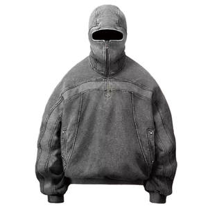 Low MOQ Winter Acid Wash Letter 100% Cotton Hoodie Wholesale Drop Shoulder Vintage Men Hooded Full <b>Face</b> Half Zip Retro Ninja - Product Image 1